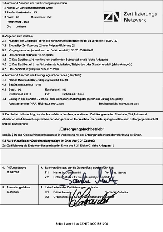 Zertifikat Entsorgungsfachbetrieb Meinhardt Städtereinigung