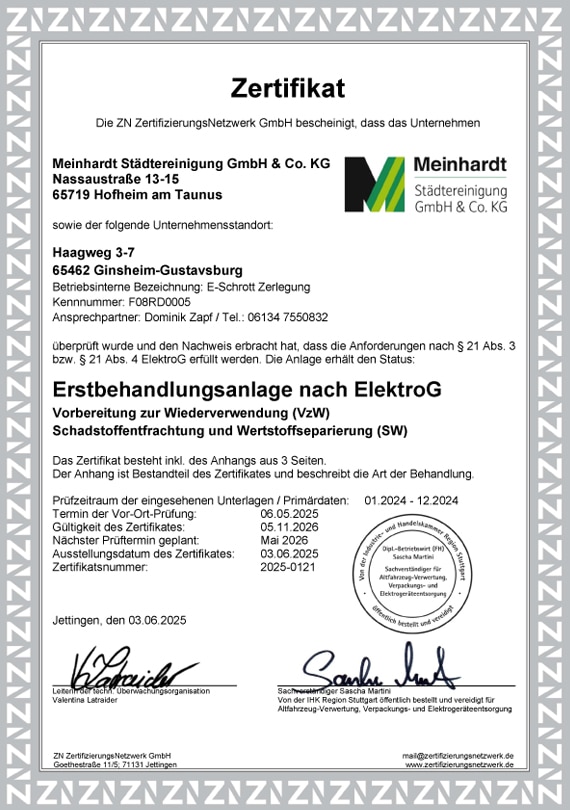 Zertifikat Erstbehandlungsanlage nach ElektroG Meinhardt Städtereinigung