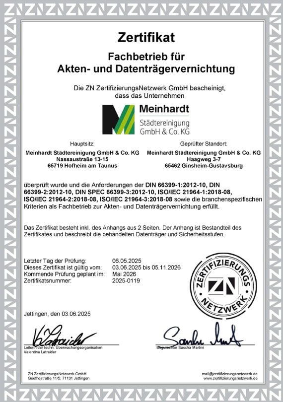 Zertifikat DIN 66399 / ISO 21964 Akten- und Datenträgervernichtung Meinhardt Städtereinigung