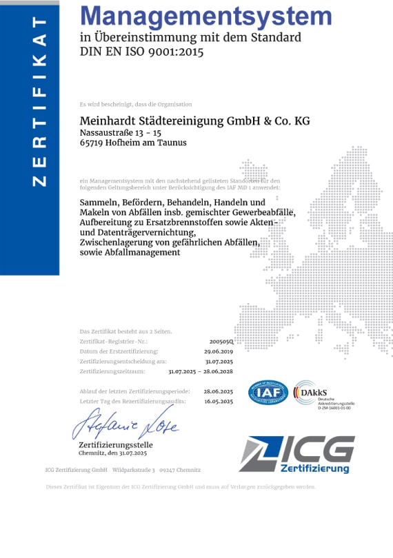 Zertifikat DIN EN ISO 9001 Qualitätsmanagement Meinhardt Städtereinigung